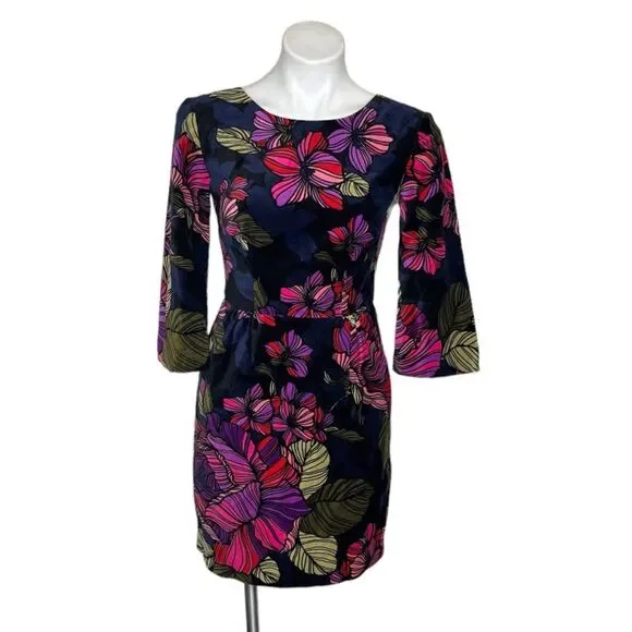 TRINA TURK Velveteen Dress Bold Floral Print Party Dress 3/4 Sleeve Size 0 - Picture 3 of 9